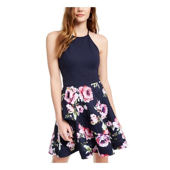 SPEECHLESS Womens Navy Floral Sleeveless Halter Short Party Fit + Flare Dress 9 - Picture 1 of 4